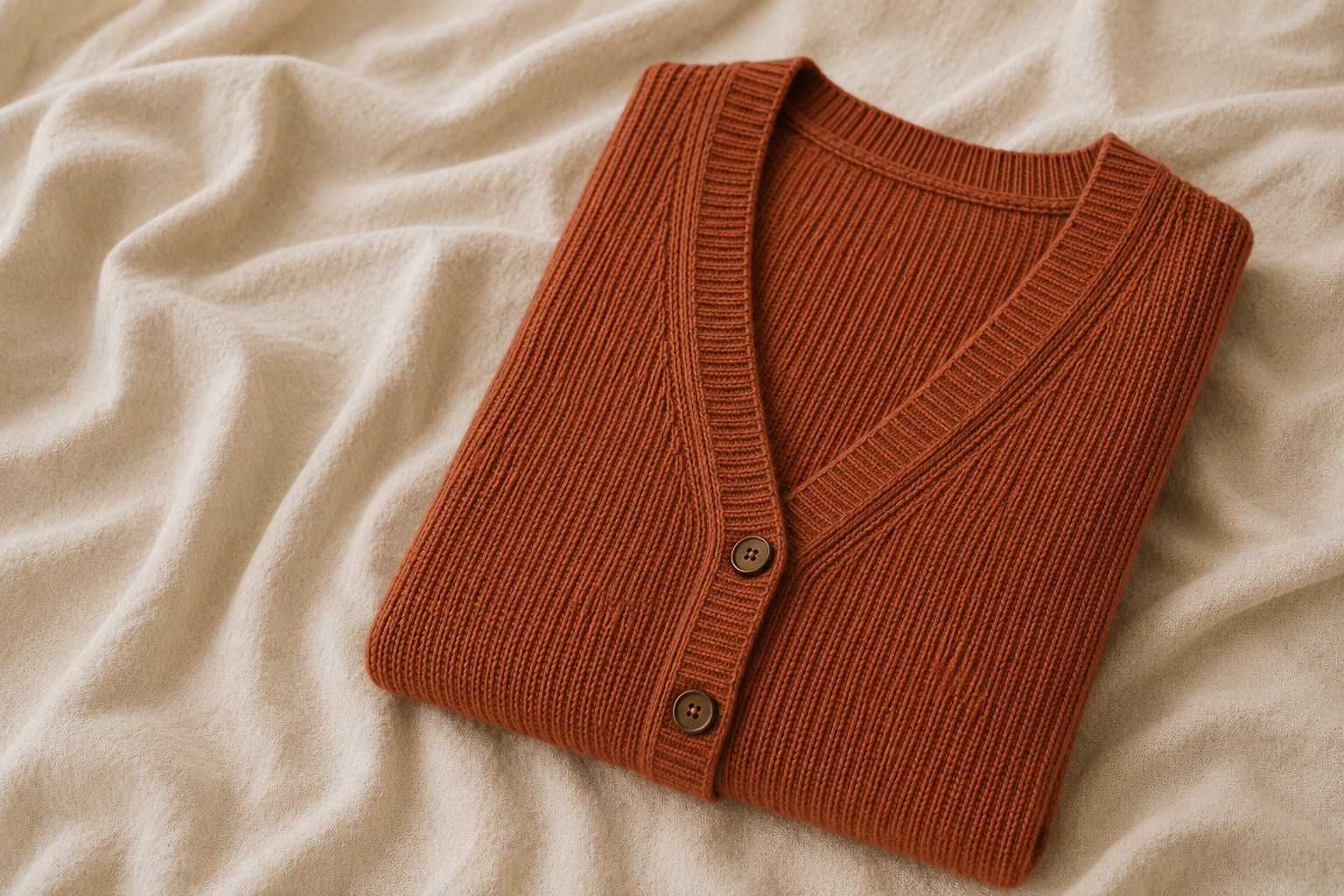 A terracotta cardigan, now at a great price and in your size