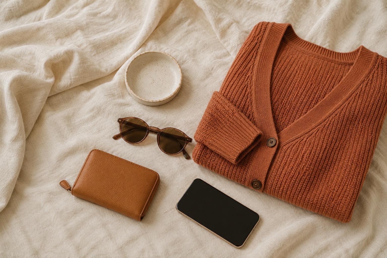 A terracotta cardigan and accessories you saved, laid out on cream linen