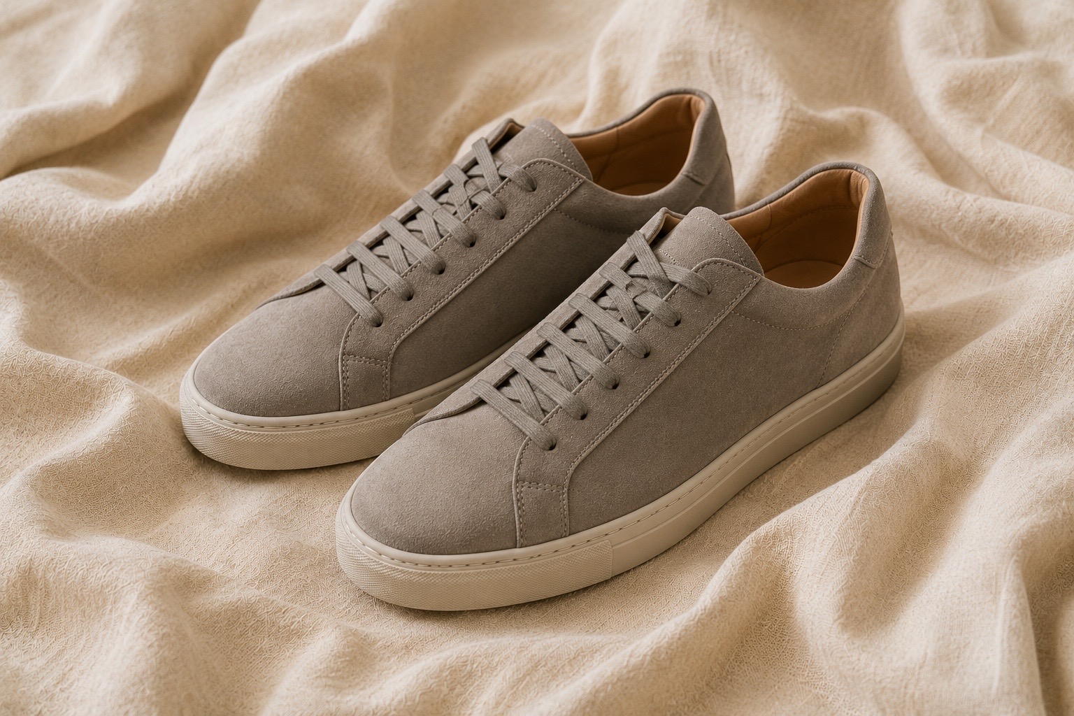 Grey suede sneakers being watched for a price drop