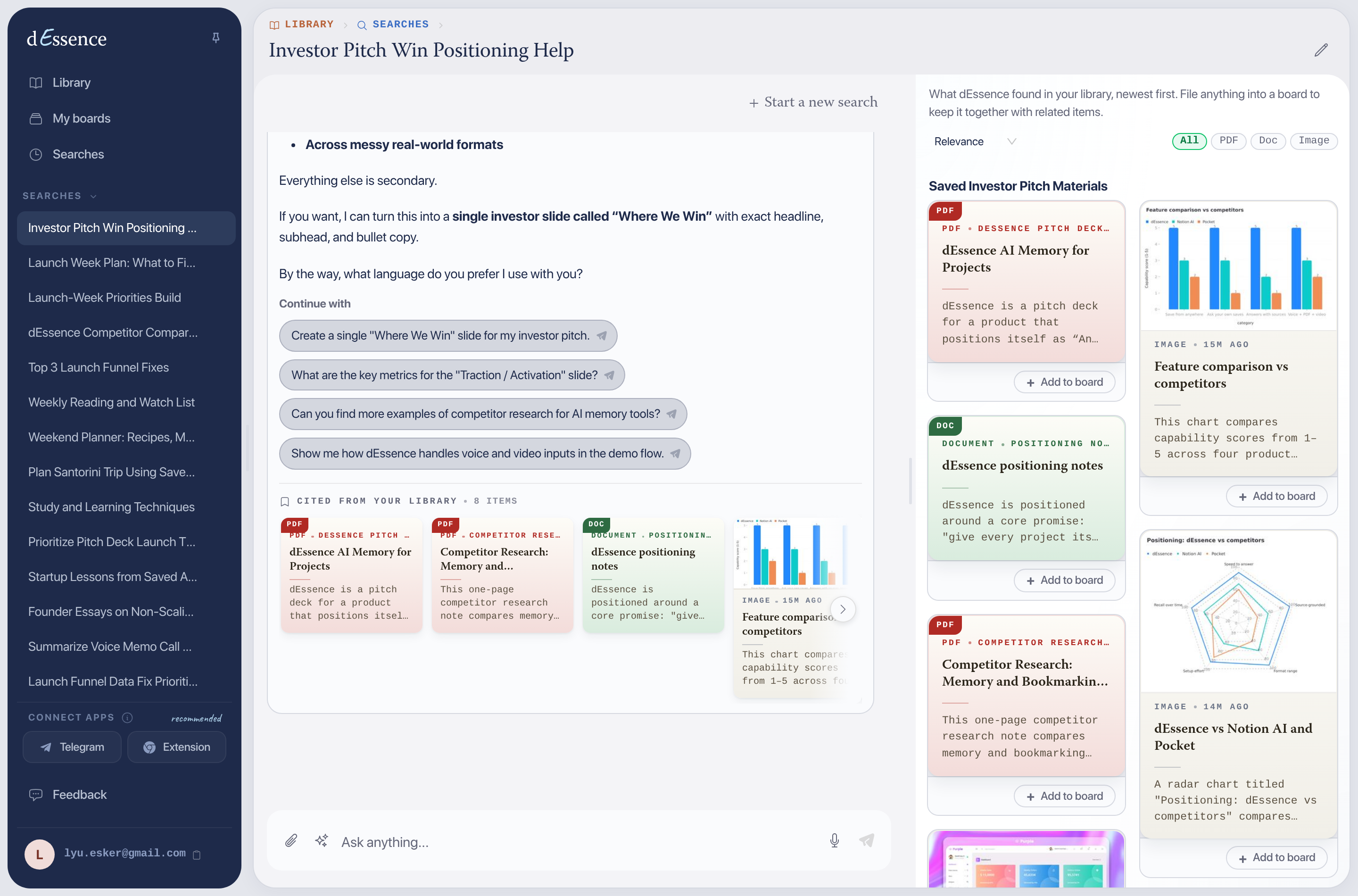 dEssence assembling investor pitch positioning from saved research and charts