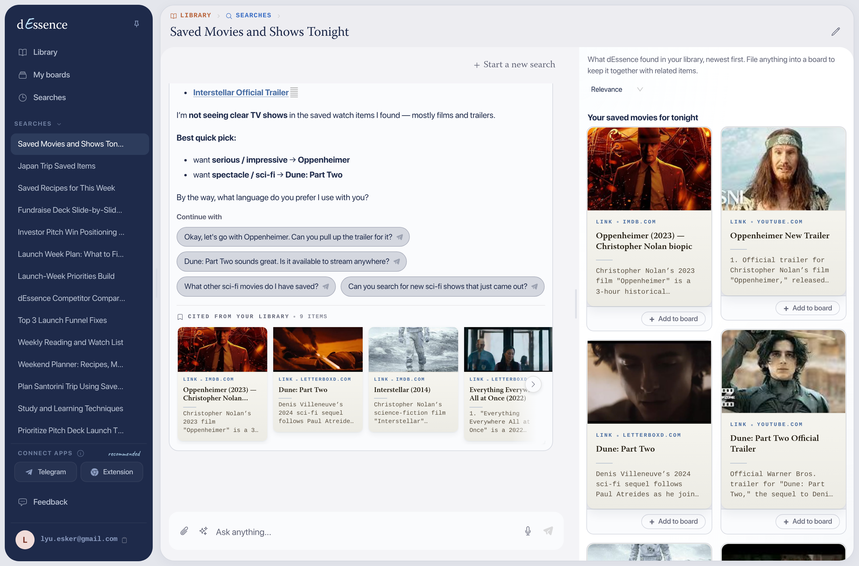 dEssence recommending movies to watch tonight from saved trailers
