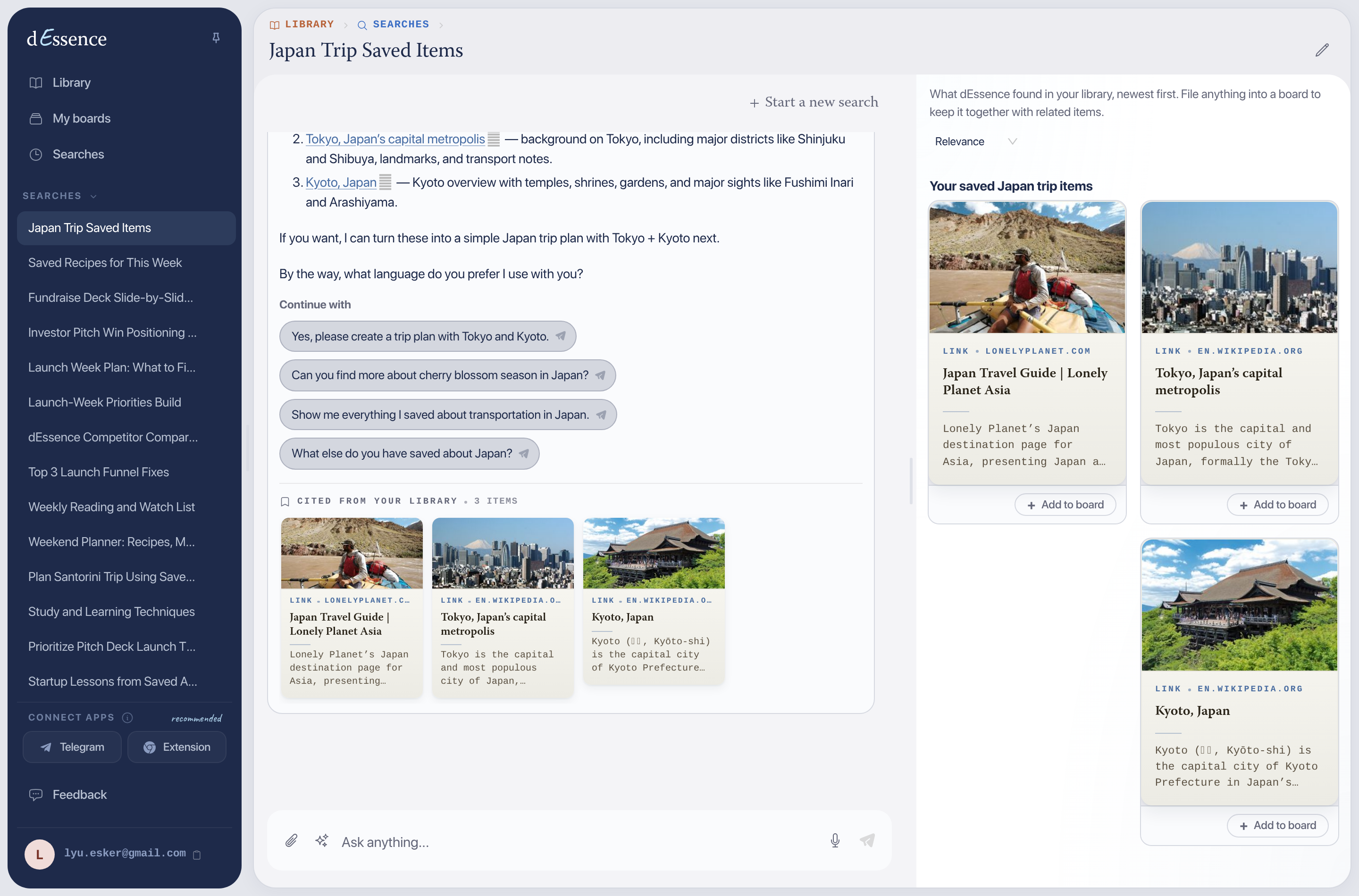 dEssence planning a Japan trip from saved travel guides and posts