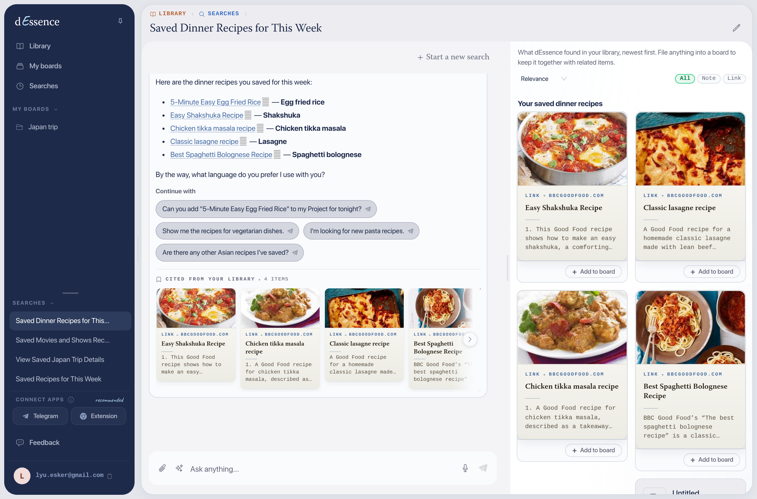 dEssence showing saved dinner recipes for the week with sources